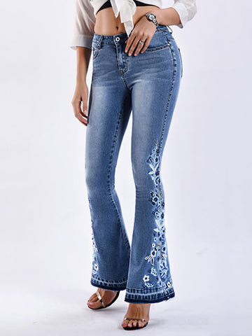 Woochic longue jeans flare évasé fleurie avec poches mi taille femme mode
